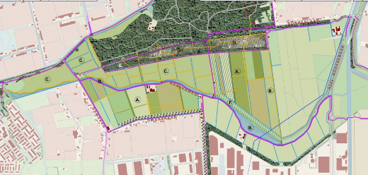 Een kaartje van de plannen voor natuur en natuurbegraven in de Bonnenpolder. A, B, en C, wordt ‘ natuurlijke landbouw’. D wordt duinbos. Het gearceerde deel is voor natuurbegraven bestemd